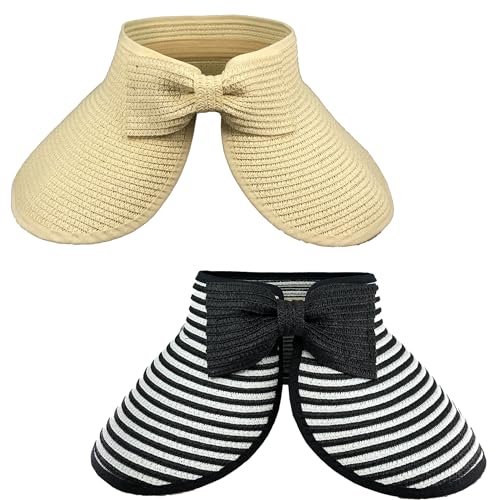 Womens Foldable Straw Sun Visor, Packable Roll‑Up Beach Hat with Wide Brim - color: Y - 2 Packs - Beiges, Black Stripe
