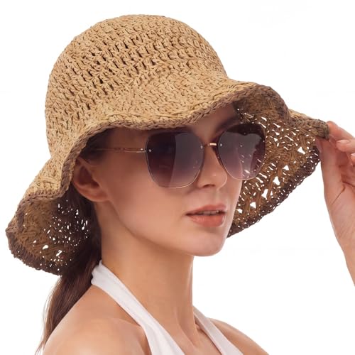 Eurzom Wide Brim Straw Bucket Hats for Women Summer Beach Sun Hat Foldable Packable Outdoor Travel Fedora Hat UV Protection - color: Khaki & Coffee