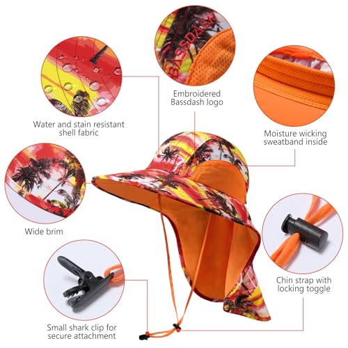 BASSDASH UPF 50+ Unisex Water Resistant Wide Brim Sun Hat with Large Neck Flap Ponytail Fishing Hat for Men Women - color: Sunset Palm Trees/Orange