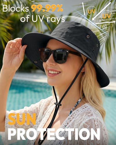 Women Sun Hat with Ponytail Hole Wide Brim Bucket Sun Protection for Summer - color: Black