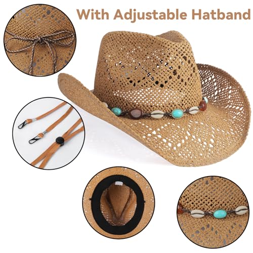 WQWOVRVO Cowboy Hat,Cowgirl Hat,Cowboy Hats for Women/Mens/Straw Wide with Shapeable Brim Western Cowboy Hat for Womens - color: Coffee Color