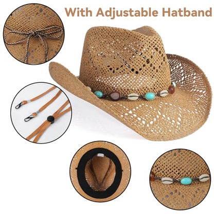 WQWOVRVO Cowboy Hat,Cowgirl Hat,Cowboy Hats for Women/Mens/Straw Wide with Shapeable Brim Western Cowboy Hat for Womens - color: Coffee Color