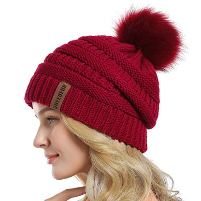 Women Knit Slouchy Beanie Chunky Baggy Hat with Faux Fur Pompom Winter Soft Warm Ski Cap - color: E2-red