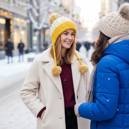 HUAMULAN Women Winter Sherpa Knit Beanie Hat Fleece Lined Ear Flaps - color: Beige Yellow