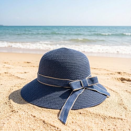 Summer Little Girl Kids Breathable Straw Hat Foldable UV Protection Bowknot Wide Brim Floppy Beach Sun Visor Hats - color: Navy
