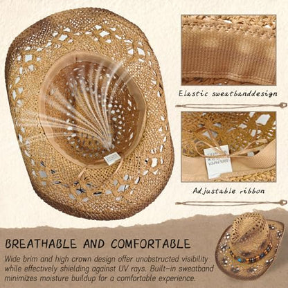 Straw Cowboy Hat for Women, Cowgirl Hat Wide Brim Western Cowboy Hat - color: Style8