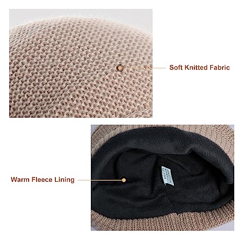 Women Fleece Lined Knitted Hat with Visor Brim, Winter Slouchy Cable Knit Beanie Newsboy Cap for Cold Weather - color: Black