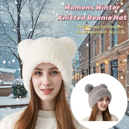 Womens Winter Knitted Beanie Hat with Double Faux Fur Pompom Fuzzy Warm Knit Ski Skull Cap for Women - color: Pink
