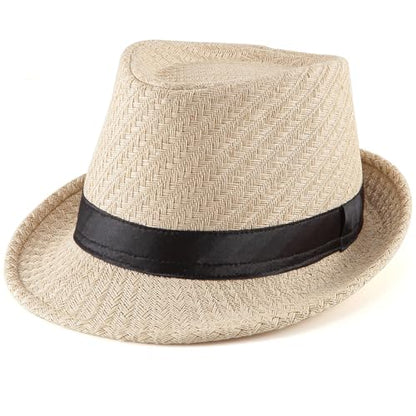 XL Straw Fedora Hats for Men Summer Trilby Beach Travel Panama Casual 7 1/2 - color: S001 Beige
