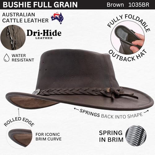 1035 Full Grain - Australian Cattle Leather Cowboy Hat - Foldable, Lightweight, Durable, Water Resistant - color: Brown, size: Medium