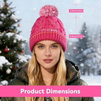 Slouchy Chunky Knit Beanie with Pom Pom - Cozy Winter Bobble Hat for Women and Men - color: Hot Pink