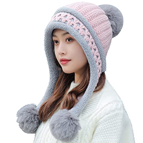 HUAMULAN Women Winter Peruvian Beanie Hat Ear Flaps Fleece Lining - color: Pink Grey
