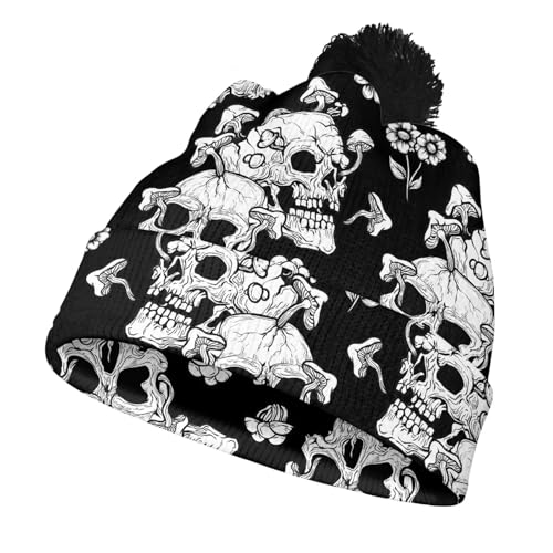 Cute Winter Hats for Women Cold Weather Knit Beanies for Women with Pom Pom - color: Gothic Skull Mushroom and Floral