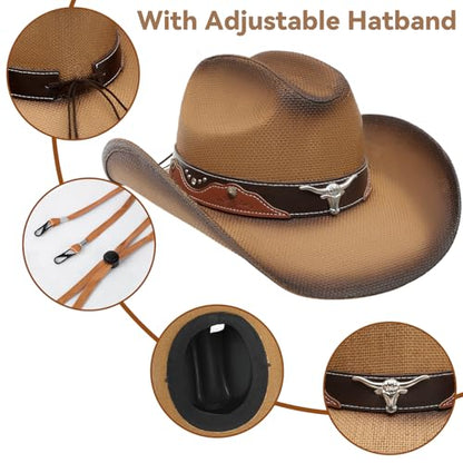 WQWOVRVO Cowboy Hat,Cowgirl hat,Brown Cowboy Hats for Women/Mens Straw Wide with Shapeable Brim Western Cowboy Hat for Womens - color: Light Brown