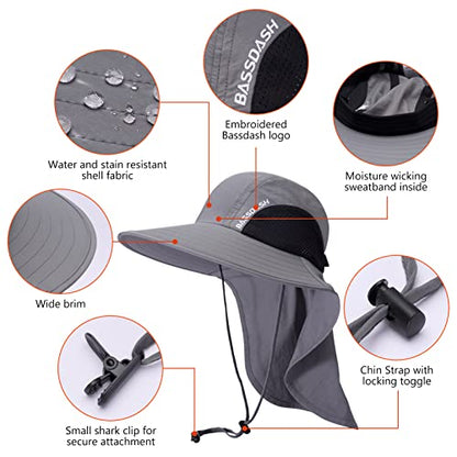 BASSDASH UPF 50+ Unisex Water Resistant Wide Brim Sun Hat with Large Neck Flap Ponytail Fishing Hat for Men Women - color: Light Grey