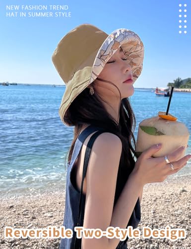 Double Side Womens Floral Wide Brim Sun Hat, UPF50+ UV Protection Reversible Bucket Hat Foldable Adjustable Brim - color: Beige