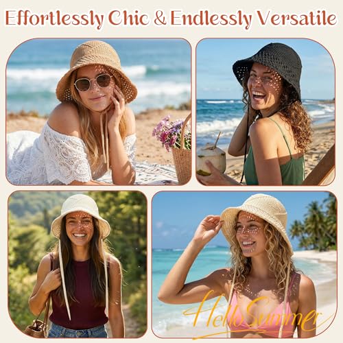 Ababalaya Women’s Lightweight Cotton Crochet Bucket Hat - color: Apricot