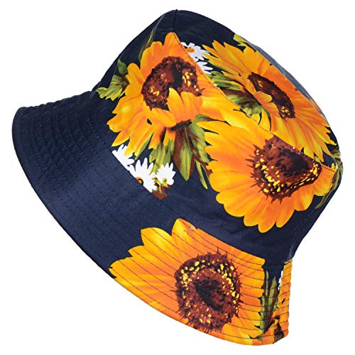 BYOS Unisex Trendy Reversible Lightweight Printed Bucket Hat Packable Outdoor - color: Hearty Sunflower Navy