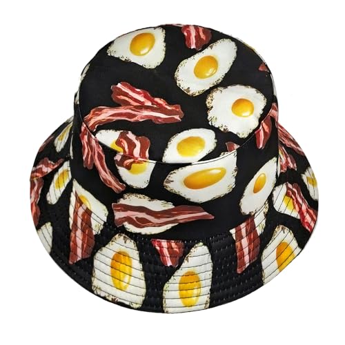 Printed Bucket Hat - Reversible Packable Summer Travel Beach Sun Cap for Men Women Teens - color: Bacon Egg