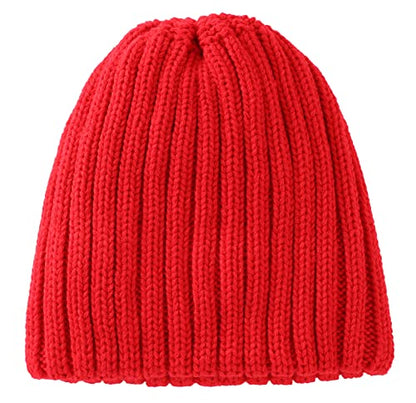 Connectyle Women's Rib Knit Cuffed Beanie Hat Stretch Acrylic Winter Hat Thick Warm Snow Ski Cap - color: Red
