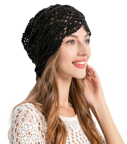 ZLYC Women Cotton Crochet Slouchy Beanie Hat Handmade Knit Summer Skull Cap - color: Knitted Black