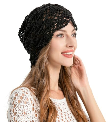 ZLYC Women Cotton Crochet Slouchy Beanie Hat Handmade Knit Summer Skull Cap - color: Knitted Black