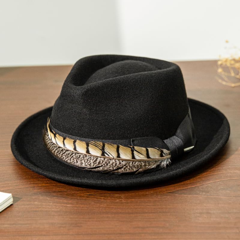 Home Prefer Men's Wool Felt Winter Hat Short Brim Fedora Hat with Feather - color: Black Ring Necked Feather