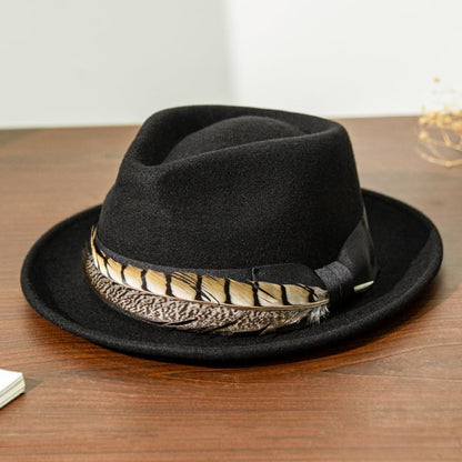 Home Prefer Men's Wool Felt Winter Hat Short Brim Fedora Hat with Feather - color: Black Ring Necked Feather