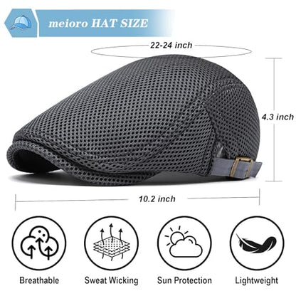 meioro Mens Breathable Mesh Summer Hat Adjustable Flat Cap Newsboy Beret Ivy Cap Irish Cabbie Fishing Hats - color: Darkgrey