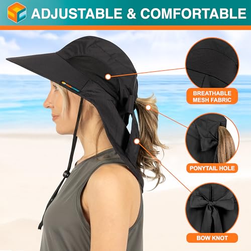 SUN CUBE Wide Brim Sun Hat with Neck Flap for Men Women, UPF50+ Fishing - color: Black With Bow