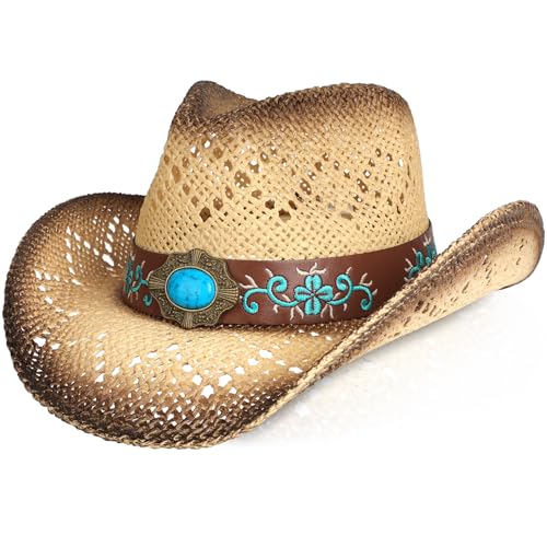 WQWOVRVO Cowboy Hat,Cowgirl Hat,Cowboy Hats for Women/Mens/Straw Wide with Shapeable Brim Western Cowboy Hat for Womens - color: Apricot & Coffee Color