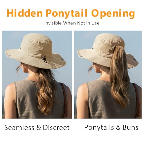 Wide Brim Waterproof Bucket Rain Hat for Women Men UPF50+ Cowboy Sun Hat - color: Ponytail Khaki