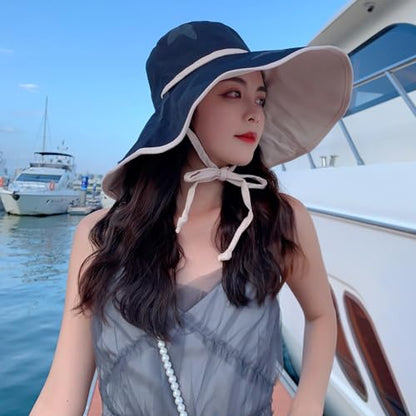 HUAMULAN Women Summer Vacation Wide Brim Sun Hat Reversible Fishing Hats - color: M0004-blackbeige