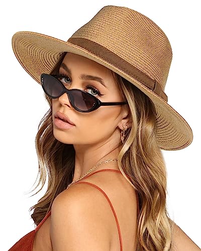 FURTALK Womens Mens Wide Brim Straw Panama Hat Fedora Summer Beach Sun Hat - color: Khaki/Brown, size: Medium-Large