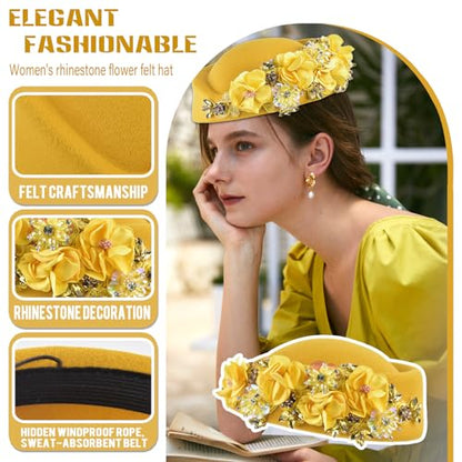 Women's Retro Stewardess Felt Hat, British Berets, Rhinestone Flower Decor, Ladies' Church Derby Hat - color: Yellow