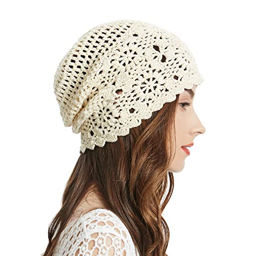 ZLYC Women Cotton Crochet Slouchy Beanie Hat Handmade Knit Summer Skull Cap - color: Colour: Beige