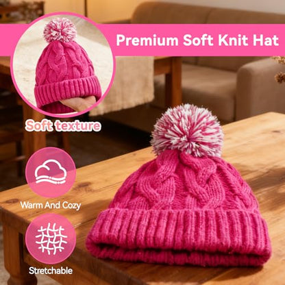 Slouchy Chunky Knit Beanie with Pom Pom - Cozy Winter Bobble Hat for Women and Men - color: Hot Pink