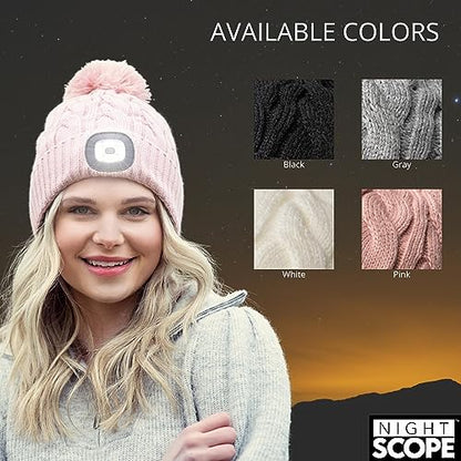 Classic Rechargeable LED Warm Knit Beanie Head Light Hat Headlamp for Outdoor Activities - color: White Pom