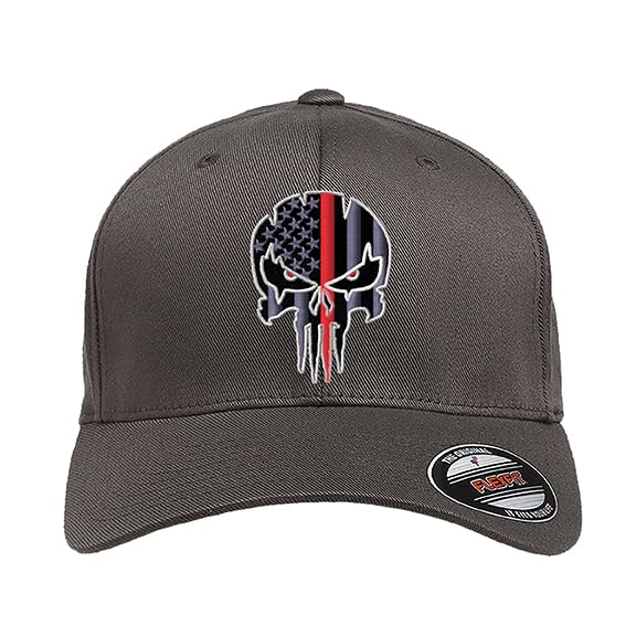 G&B Red Thin Red/Blue Line Spartan Helmet & Distressed Skull Flex Baseball Cap. Embroidered. 6277/6477 Flex Baseball Hat - color: Dark Grey, size: Small-Medium