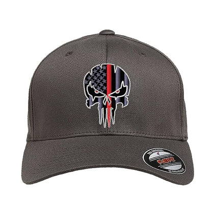 G&B Red Thin Red/Blue Line Spartan Helmet & Distressed Skull Flex Baseball Cap. Embroidered. 6277/6477 Flex Baseball Hat - color: Dark Grey, size: Small-Medium