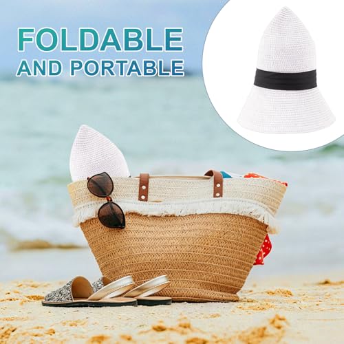 DRESHOW Women Straw Panama Hat Travel Fedora Beach Sun Hat Summer Wide Brim Straw Roll up Hats UPF 50+ - color: 1 Pack Boater Hat: White With Black Band