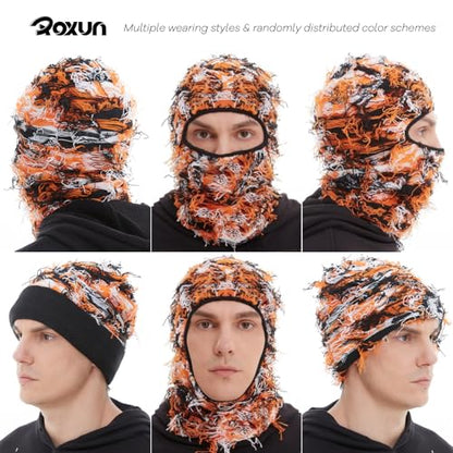 ROXUN Distressed Ski Mask Balaclava, Yeat Shiesty Fluffy Knitted Full Face - color: 01- Orange Mixed