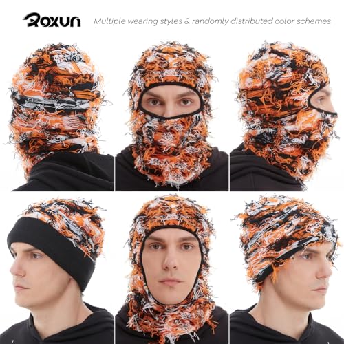 ROXUN Distressed Ski Mask Balaclava, Yeat Shiesty Fluffy Knitted Full Face - color: 01- Orange Mixed