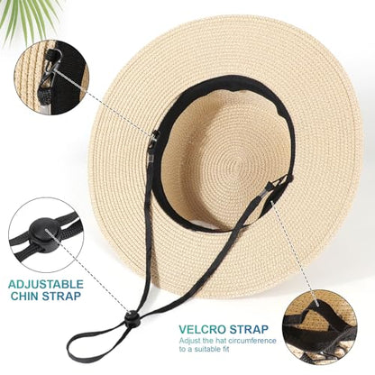 DRESHOW Women Straw Panama Hat Travel Fedora Beach Sun Hat Summer Wide Brim Straw Roll up Hats UPF 50+ - color: 1 Pack Boater Hat: Light Beige With Beige Band