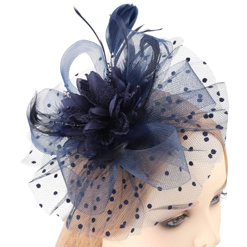AQOKKA Women Fascinators Hats Flower Fascinators with Headband and Clip Tea Party Headwear for Women and Girls - color: Navy Blue