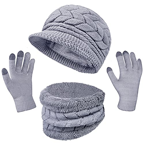 Loritta 3 in 1 Womens Winter Hat Gloves Scarf Set, Warm Hat Mittens - color: Grey
