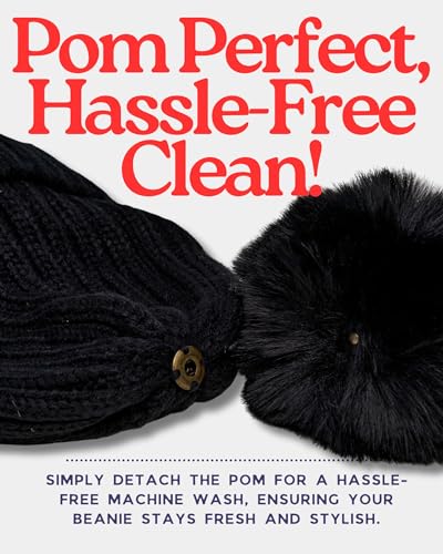 Funky Junque Women’s Winter Detachable Pom Beanie – Warm Knit Hat with Removable Faux Fur Pom, Soft Stretch Acrylic Cozy Cap - color: Black