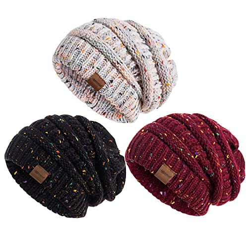 Slouchy Women's Winter 3 Pieces Beanie Hat Women Men Oversized Warm Knitted Women's Hat Winter Thick for Cold Weather - color: Confetti Black+confetti Burgundy+confetti White