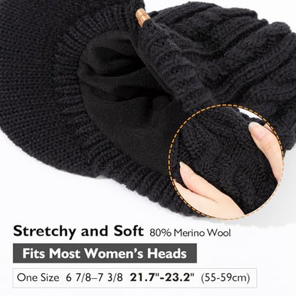 ChicPony™ Merino Wool Visor Ponytail Beanie with Brim Fleece Lined 3 Bun Openings Hole Warm Windproof Knit Cap Winter Hat - color: Classic Black(pony)