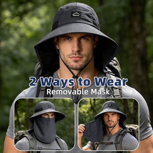 Outdoor Sun Hat for Men Women, UPF 50+ Safari Cap Fishing Hat with Detachable Face Cover & Neck Flap Beach Garden Hiking - color: 1pack-darkgrey